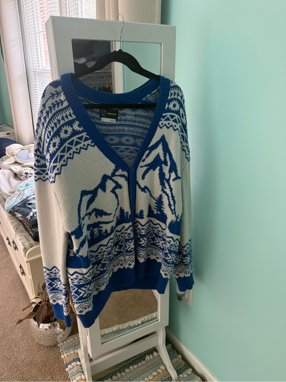 Original Use Blue and White Mountain Knit Cardigan